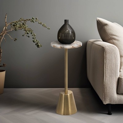 Gold Agate Top Round Metal Accent Table, 24"