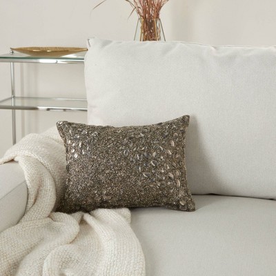 Pewter Gray Beaded Embroidered Lumbar Throw Pillow 10" x 14"