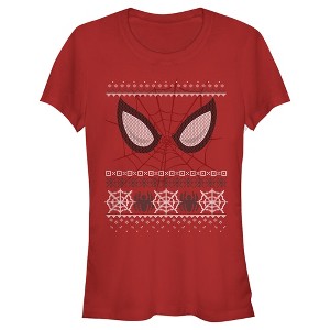 Juniors Womens Marvel Ugly Christmas Spider-Man Mask T-Shirt - 1 of 3