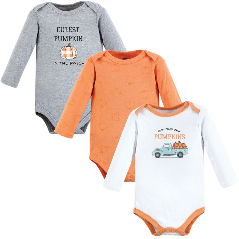 Hudson Baby Infant Boy Cotton Long-Sleeve Bodysuits, Pumpkin Truck 3-Pack, 1 of 7