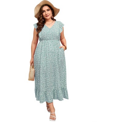 Clearlove Women's Summer Plus Size Dress Ruffle Cap Sleeveless V Neck Side Split Long Beach Maxi Dress