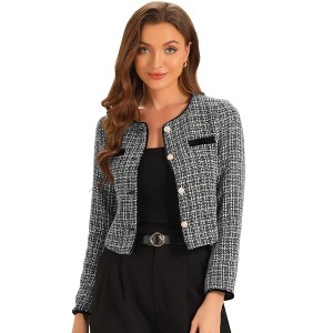 INSPIRE CHIC Women's Elegant Contrast Piping Round Neck Button Front Long Sleeve Tweed Blazer - 1 of 4