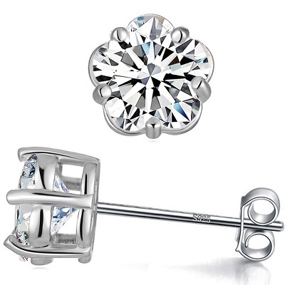 Paaaawaters 14k White Gold Plated Sterling Silver 5 Prong CZ Plum Blossom Stud Earrings for Women