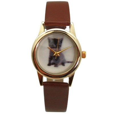 Olivia Pratt Cat and Dog Face Faux Leather Band Women Watch