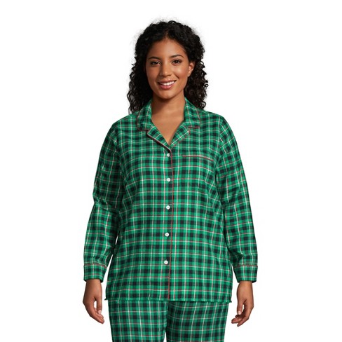 Lands End Women s Plus Size Long Sleeve Print Flannel Pajama Top 2x Emerald Gulf Field Check