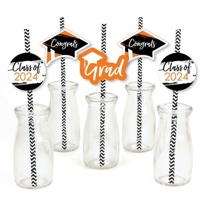 Big Dot of Happiness Orange 2024 Graduation Paper Straw Decor - Party Striped Decorative Straws - Set of 24
