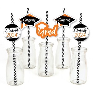Big Dot of Happiness Orange 2024 Graduation Paper Straw Decor - Party Striped Decorative Straws - Set of 24 - 1 of 4