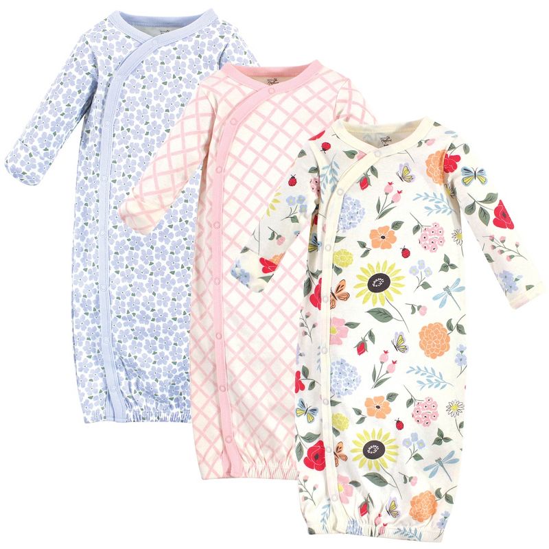 Touched by Nature Baby Girl Organic Cotton Side-Closure Snap Long-Sleeve Gowns 3pk, Flutter Garden, 1 of 5