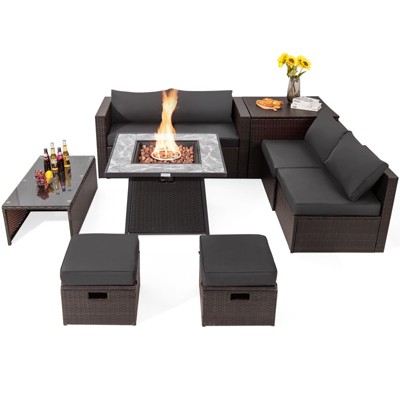 Tangkula 9 Pieces Outdoor Patio Furniture Set with 35" Propane Fire Pit Table Wicker Sectional Sofa Set w/ Storage Box Black/Gray/Navy/Red/Turquoise/Off White