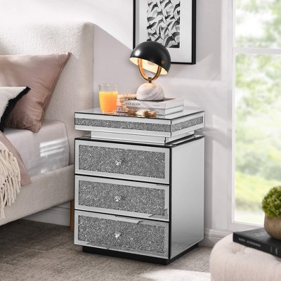 ORRD Mirrored Nightstand with 3 Drawers, Silver Bedside Table with Crystal Inlay, Modern Glass End Table for Bedroom