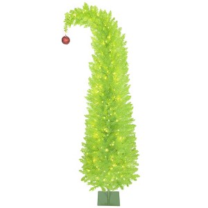 7 ft Bent Top Whimsical Christmas Tree, Pencil Xmas Tree with Red Ball, Metal Base, Prelit with 250 LED Lights - 1 of 4