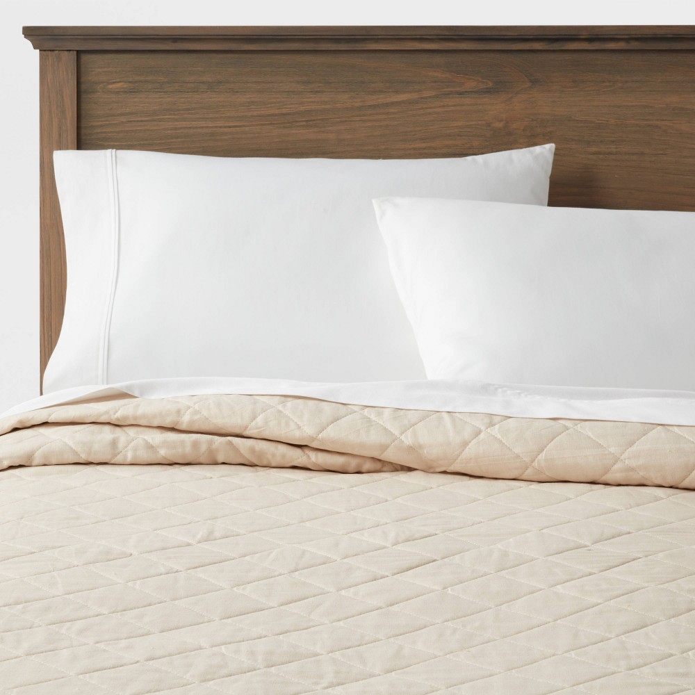 Photos - Duvet King Diamond Stitch Cotton Linen Quilt Khaki - Threshold™: OEKO-TEX Certif