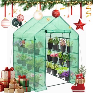 EAGLE PEAK Walk in Greenhouse with Wire Shelves, Portable Greenhouse with Roll-Up Zippered Door, 2 Windows, 8 Shelves, Green - 1 of 4