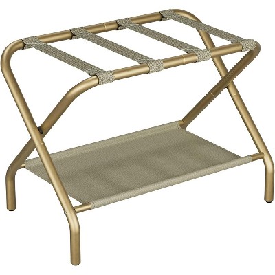 Luggage Rack, Foldable Suitcase Stand with Fabric Storage Shelf, Luggage Holder with 4 Nylon Straps