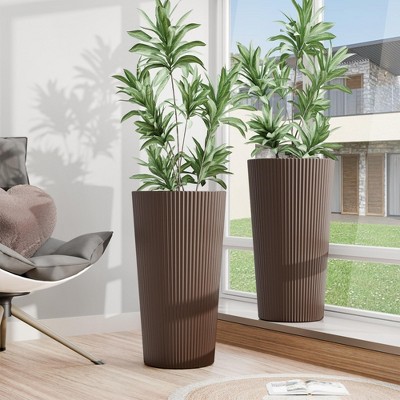 NAYSAYE Planter 2PCS Tall Indoor and Outdoor Planter Pot Large Flower Cone Striped Plastic Flower Pot for Home Garden Patio, Brown, 13"*13"*23.6"