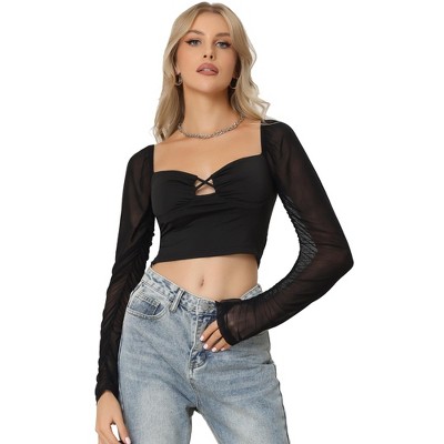 Women's Sweetheart Neck Mesh Long Sleeve Bodysuit Sexy Slim Fit Skinny T  Shirt Bustier Corset Tops