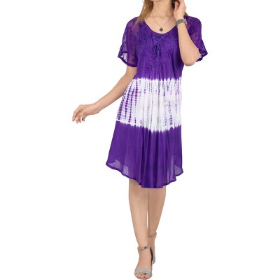 LA LEELA Women's Summer Vacation Casual Short Swing Dress Relaxed Maternity House Wear Dresses Medium/Large Purple, Tie Dye Design