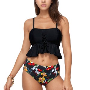Anna-Kaci Swim Women's Peplum Lace-Up Tankini Top and High Waist Floral Print Bikini Bottom Two-Piece Swimsuit - 1 of 4