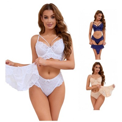 INSPIRE CHIC Women's 3 Sets Cross Straps Full Coverage Bralette and Panty Mesh Floral Lace Underwear Set
