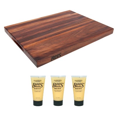 John Boos Walnut Wood Edge Grain Reversible Cutting Board, 20 x 15 x 1.5 Inches and Block Wooden Butcher Board Natural Moisture Cream, 5 Oz (3 Pack)