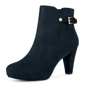 Allegra K Women's Platform Side Zippers Buckle Decor Chunky Heel Ankle Boots - 1 of 4