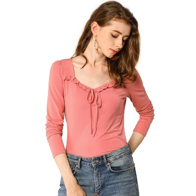 Allegra K Women's Casual Sweetheart Neck Solid Long Sleeves Fitted Top