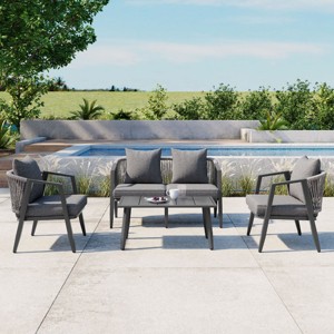 4 Piece Modern Poolside Seating Set,Woven Rope Back Outdoor Patio Conversation Set,Metal Garden Furniture Set with Cushions-Coolbibila - 1 of 4