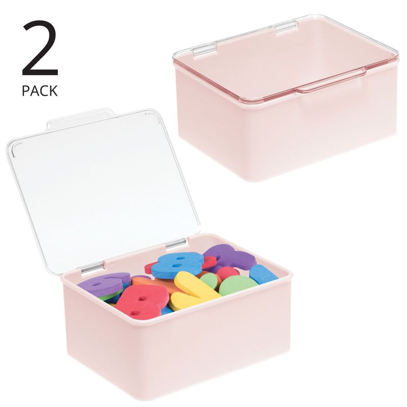 mDesign Plastic Playroom Gaming Organizer Storage Bin Box with Hinged Lid, 2 Pack - 5.63 x 6.65 x 3, Light Pink/Clear, 2 of 10