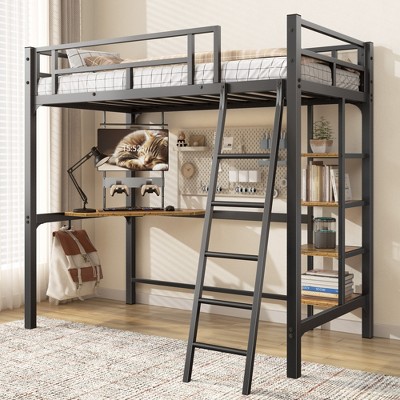 CSBDHome Twin Size Metal Loft Bed With Charging Station