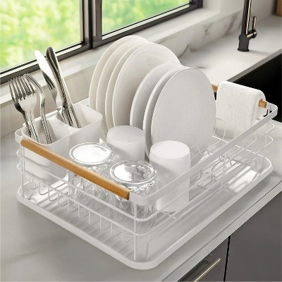 LunaLulinlk Dish Drainer Rack - Plate, Silverware, Pots, and Pans Drying Rack for Kitchen with Beechwood Handles. Featuring Modern Retro Design