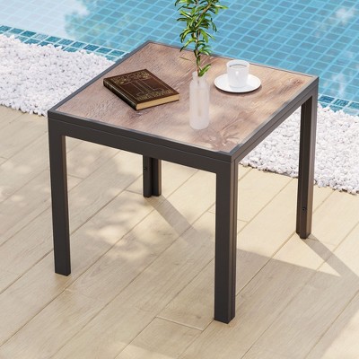 Sonkuki Patio Square Side table, Imitation-wood Top Modern Industrial Style w/Metal Frame, Black