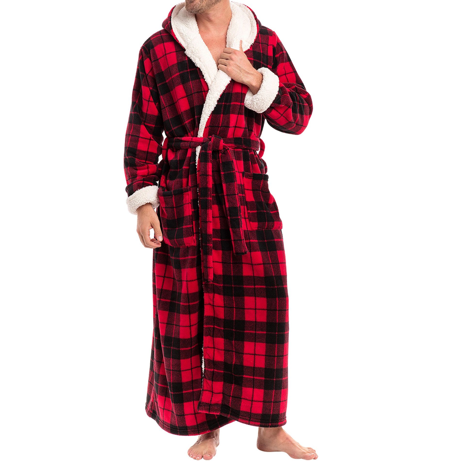 ADR Men's Warm Plush Hooded Bathrobe, Full Length Fleece Robe with Hood Red Black Plaid with Cream Medium