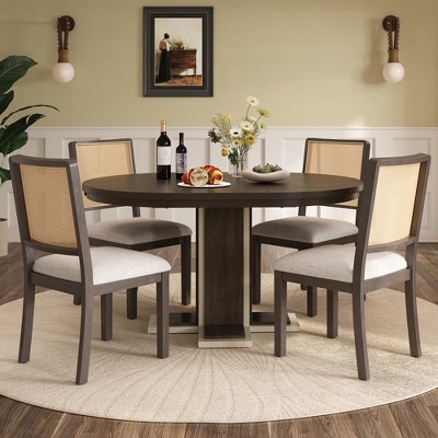 5 Piece Extendable Dining Table Set Dining Set with Removable Leaf, and 4 Upholstered Dining Chairs, Retro and Rustic, Natural Wood Wash/Espresso-Mode