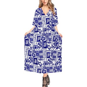 LA LEELA Women's House Daily Routine Evening Wear Vacation Holiday Casual Loungewear Loose Slit Dress Caftan Long Boho Night Shirts 2X-3X Blue, Turtle - 1 of 4