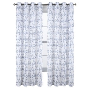 RT Designers Collection Crown Grommet Metallic Sheer Printed Doily Curtain Panel Pair 36" x 84" Blue - 1 of 4