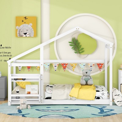 NicBex Twin Size Kids Montessori Bed with House Roof Frame,Floor Bed with Shelf,Toddler bed for Bedroom,White/Gray