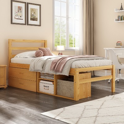 Twin/Full Size Platform Bed with Removable Storage Shelves and 2 Built-in Storage Drawers for Added Convenience-ModernLuxe