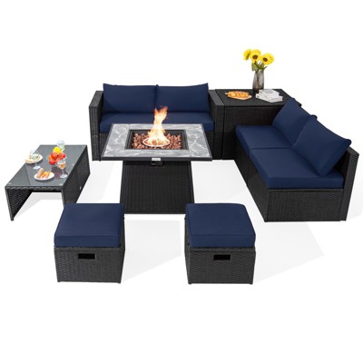 Tangkula 9 Pieces Outdoor PE Rattan Wicker Sectional Sofa with 35" Gas Fire Pit Table Space-Saving Patio Conversation Set with Storage Box Black/Grey/Navy/Red/Turquoise/Off White