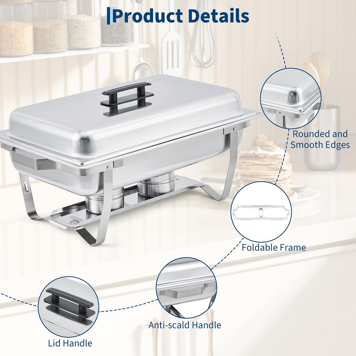 8 Pack Stainless Steel Chafing Dish Set, Includes 8 Qt Rectangle & 5 Qt Round Catering Chafers with Lids, Buffet Food Warmers for Weddings & Events - thumbnail 5