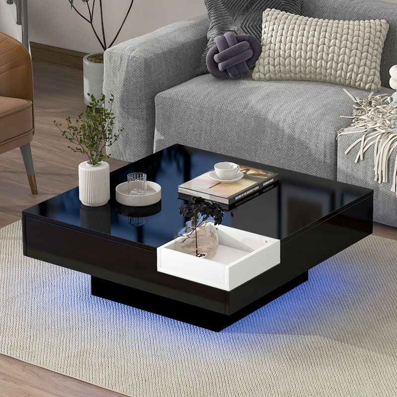 Modern Minimalist Design Square Coffee Table with Detachable Tray and Plug-in 16-color LED Strip Lights 4M - ModernLuxe, 1 of 11