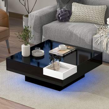 Modern Minimalist Design Square Coffee Table with Detachable Tray and Plug-in 16-color LED Strip Lights 4M - ModernLuxe