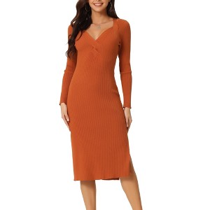 Seta T Women's Fall Winter Long Sleeve V Neck Ribbed Knit Side Slit Twist Front Midi Sweater Dress - 1 of 4