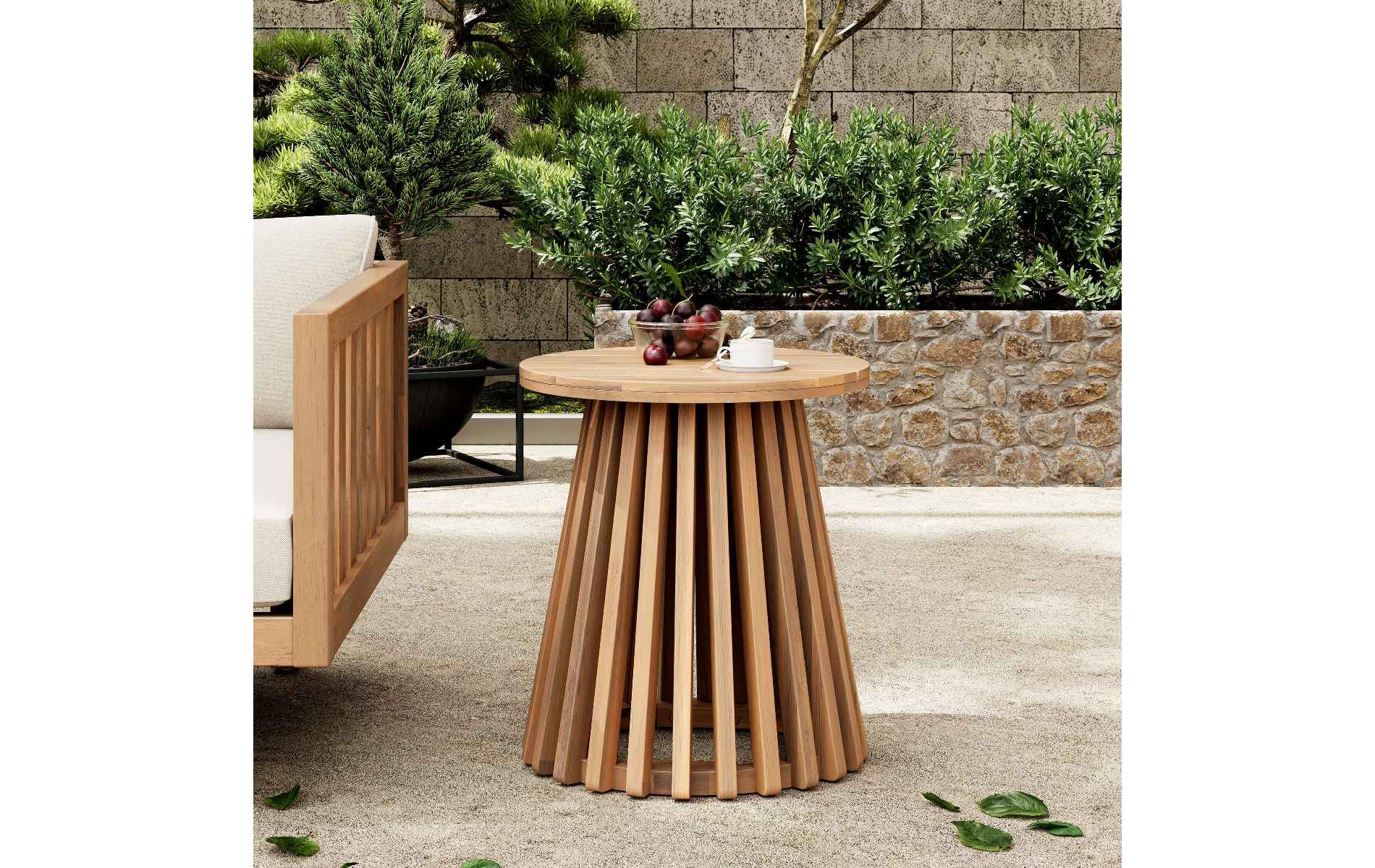 Outdoor End Side Coffee Table for Backyard, Light Teak Round Table with Slatted Base Design, Sturdy Table with Acacia Wood Frame-Coolbibila