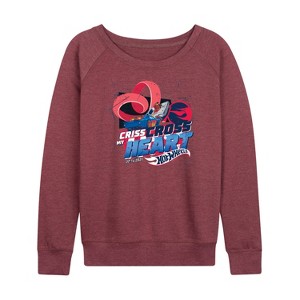 Women's - Hot Wheels - Criss Cross Heart Lightweight French Terry Wide Neck Long Sleeve Shirt - 1 of 4