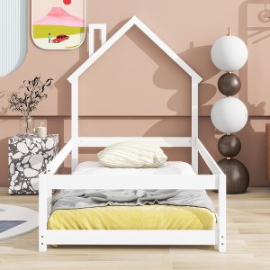 CAVINAS Kids Montessori Bed with House-Shaped Headboard,Floor Bed with Armrest,Twin Size,Gray/White/Pink/Green/Blue/Brown - 1 of 4