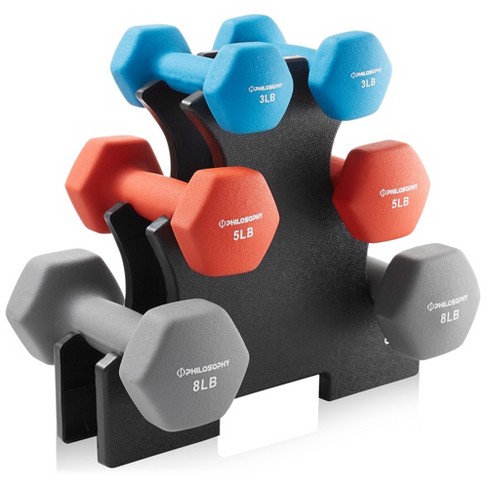 Philosophy Gym Neoprene Dumbbell Hand Weights with Stand, 32 lbs (3 lb, 5  lb, 8 lb Pairs)