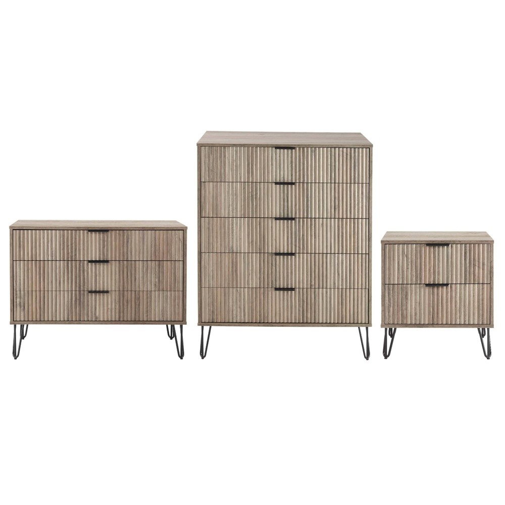Manhattan Comfort Dumbo 3pc 5 Drawer Dresser, 3 Drawer Dresser and Nightstand Set Gray