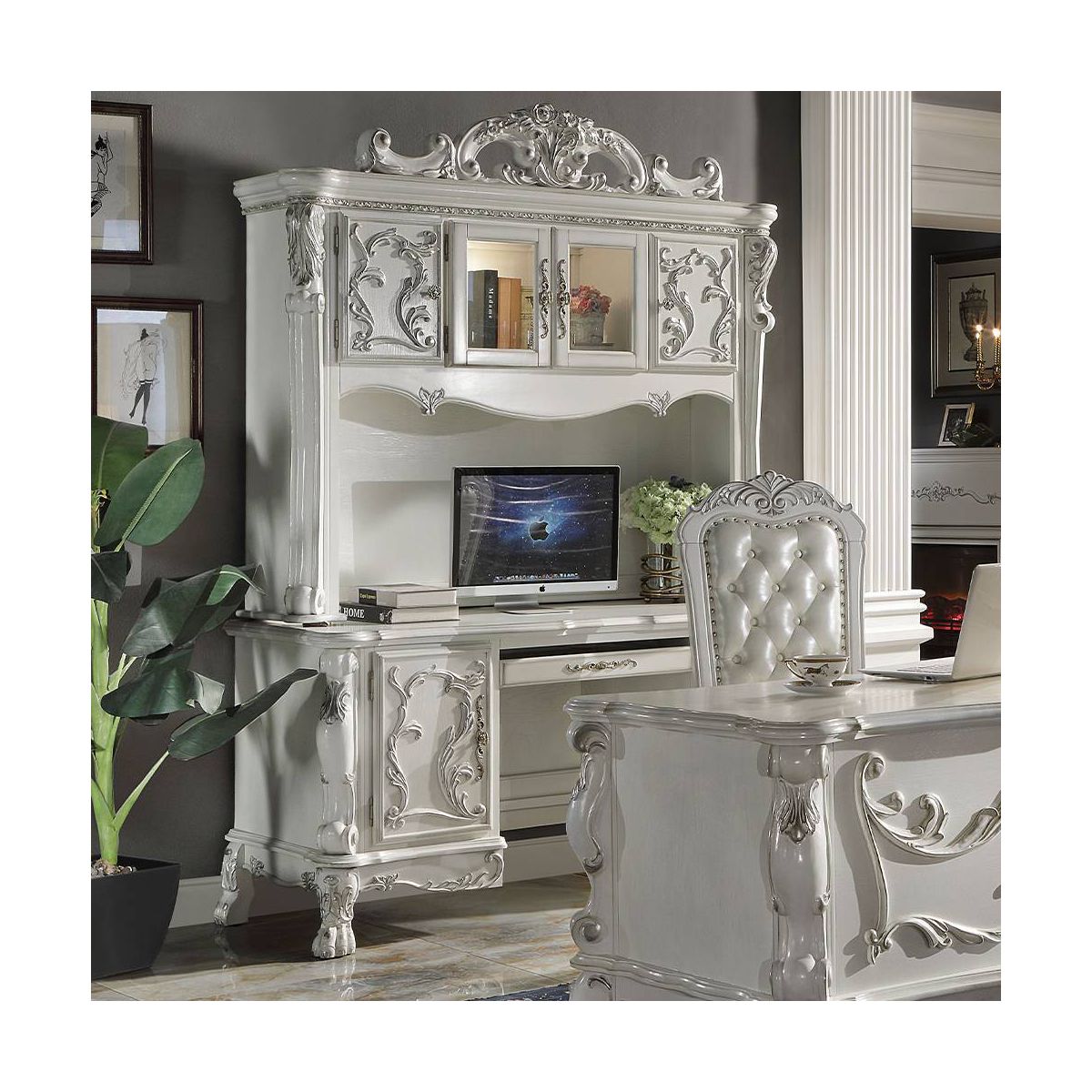 88" Dresden Desks Bone White Finish - Acme Furniture: Claw Feet, Decorative Moldings, Storage Hutch - thumbnail 8