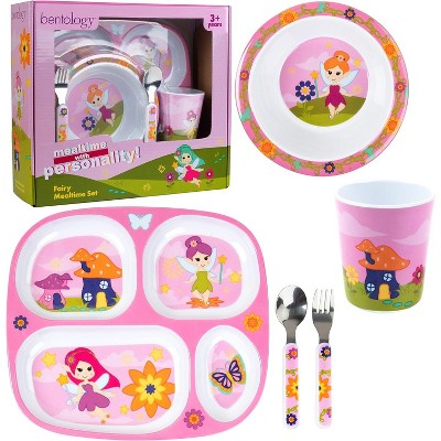 Bentology 5 Pc Mealtime Set, Fairy Theme - Dishwasher Safe, BPA Free- 4 Divided Compartments for Easy Self-Feeding- Great Christmas Gift for Kids