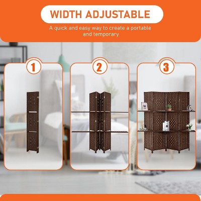 Brown Woven Wood 4-Panel Room Divider with Shelves